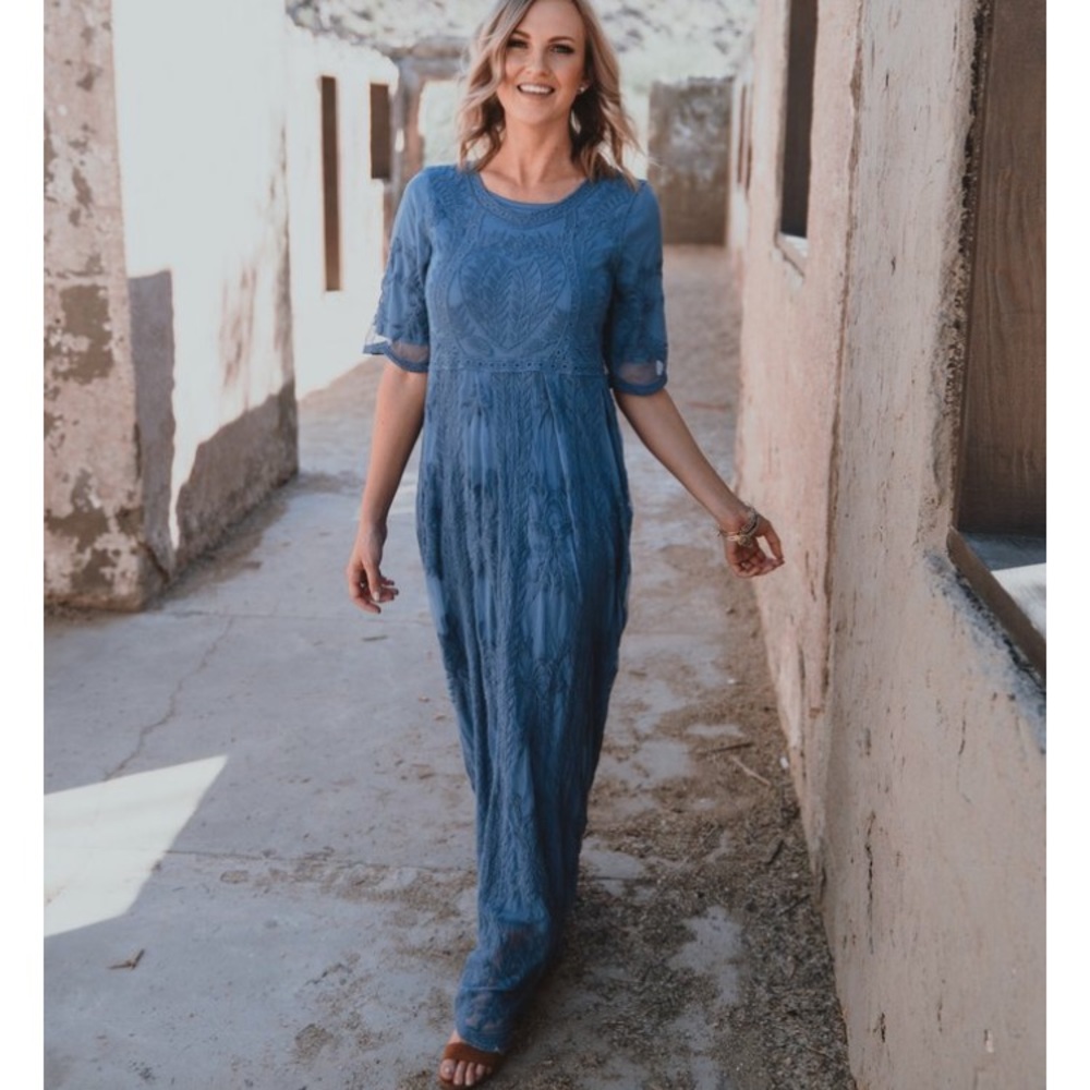 NEW dusty blue lace maxi dress!